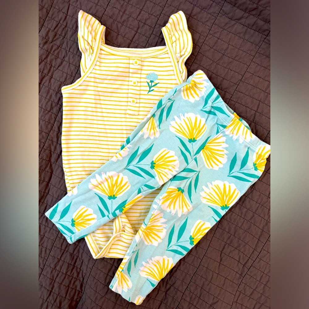 Carters Striped Yellow Onsie and  Blue Floral Pants Set 12-18